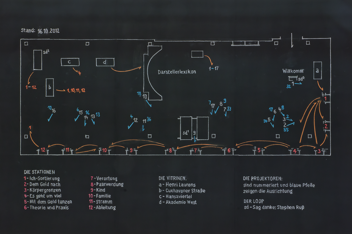 Hannes Kater: Raumplan auf Tafel für: "überbrechen", Akademie der Künste, Hanseatenweg, Halle 3, 2012