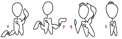 Grammatik-Studien: Hannes Katers Darsteller *15 Protagonist mit *16 Knoten – EInträge n bis s; 2 Knoten an Lunge in 2 Variationen, Arm-Knoten, der auf 4er Gehirn verweist, 3er Gehrin mit Ptotagonist und Knoten-Ring darüber